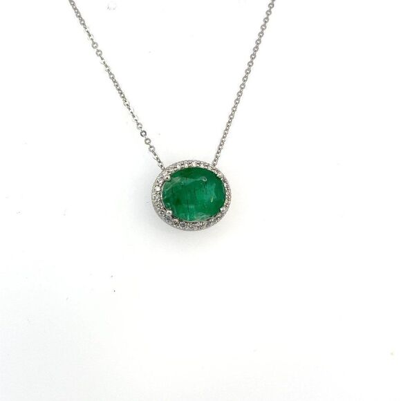 Natural Emerald Diamond Pendant Necklace 15" 14k WG 4.06 TCW Certified 215626 - Picture 1 of 11